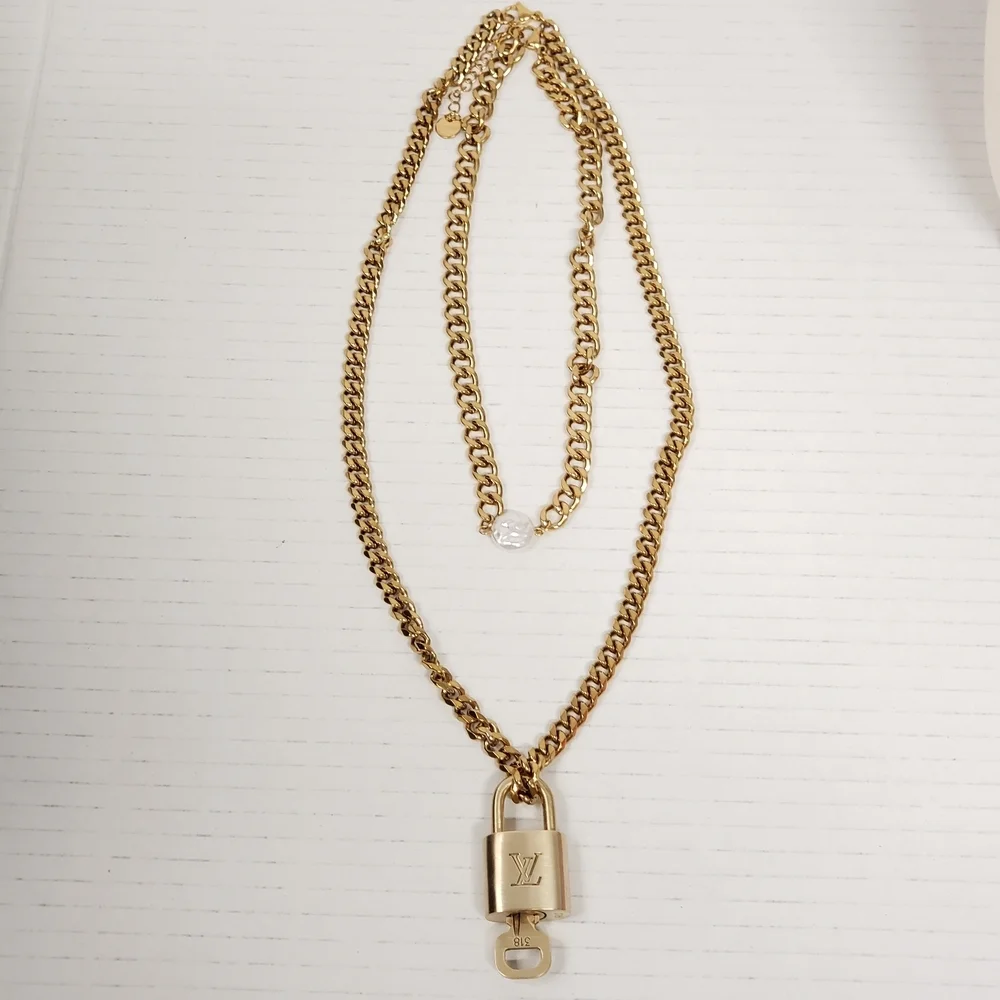 Authentic Louis Vuitton Gold Padlock W/unbranded Cuban Style Stainless Chain